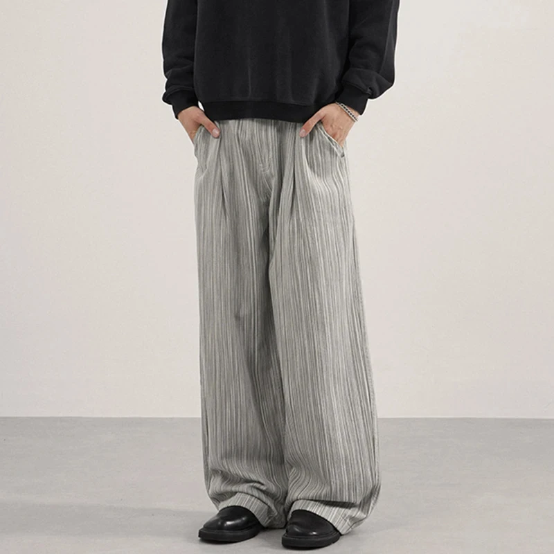 Spring Autumn New Men's Casual Pants Striped Design Contrast Color Pleated Casual Streetwear Loose Straight Leg Male Bottom Chic