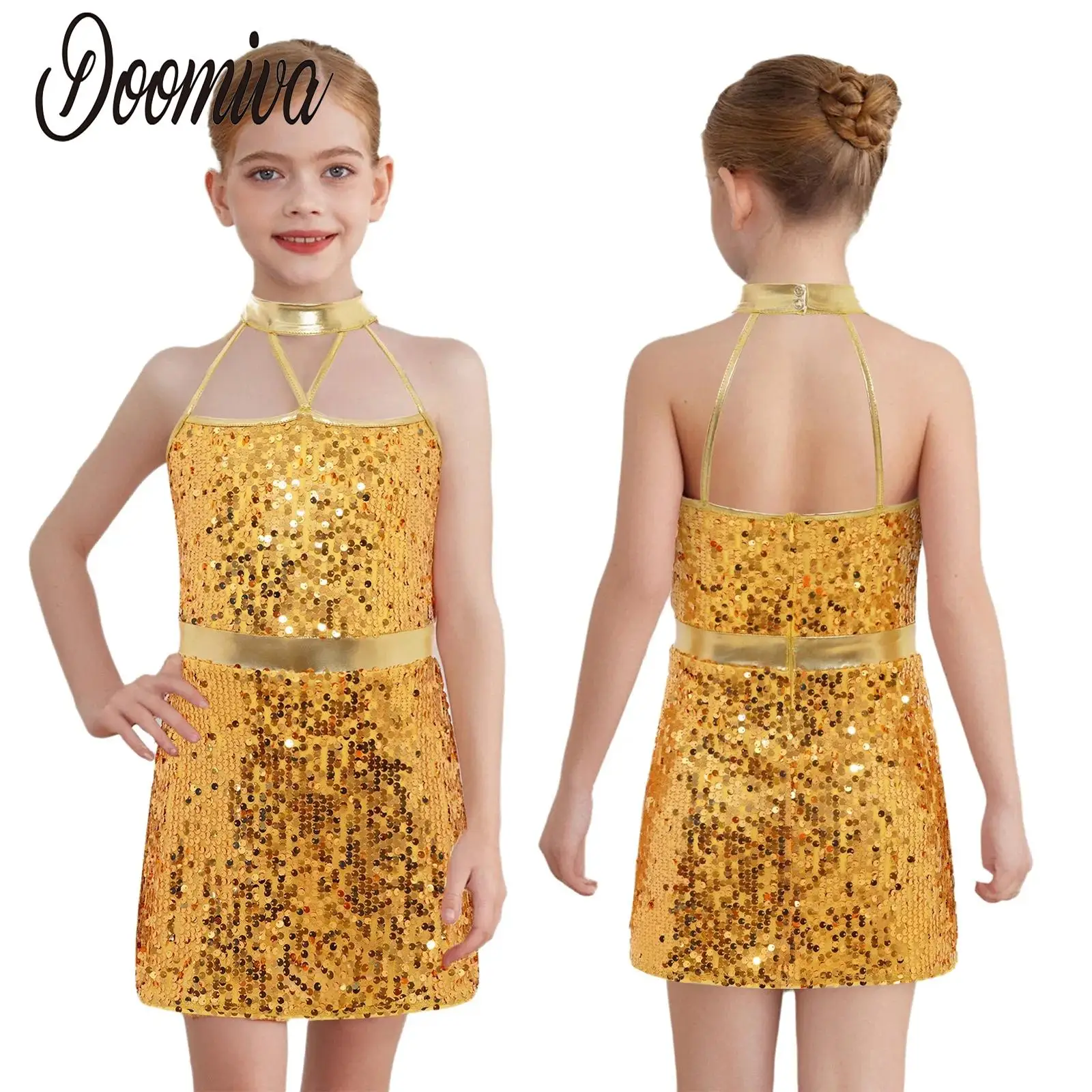 

Kid Girls Jazz Tango Dance Dress Figure Skating Modern Dance Performance Costume Halter Strappy Sparkly Sequin Dress with Shorts