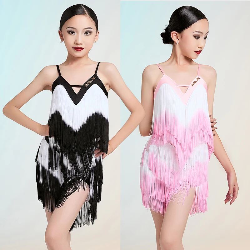 

2025 New Latin Dance Dresses Pink White Sling Dress For Performance Girl Stage Wear Summer Samba Rumba Competition Costume 1789