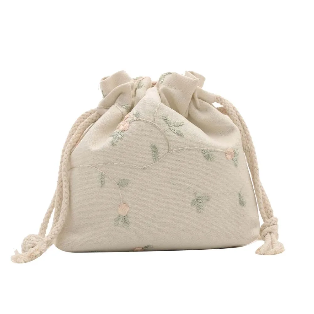 

Breathable Crossbody Drawstring Bag Hanfu Accessories Large Capacity Shoulder Embroidery Flower Bag White Black Cloth Pouch