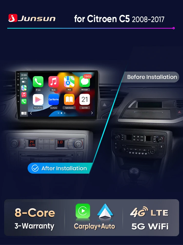 Junsun Android Auto Auto Radio Für Citroen C5 2008 2009 2010 2011 2012-2017 Multimedia Drahtlose CarPlay SWC GPS Navi RDS DSP FM