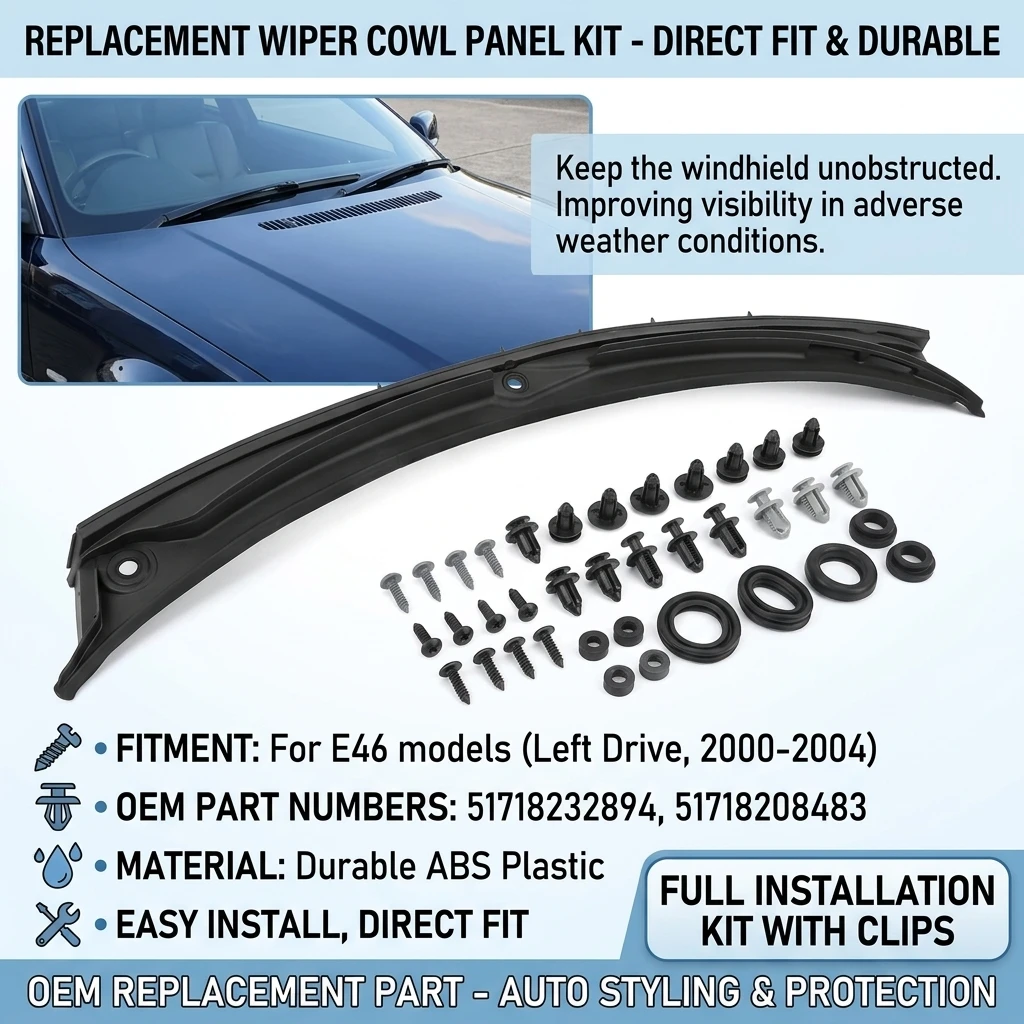 Image of Für BMW 3er E46 Linkslenker Windschutzscheibenwischer-Abdeckung 2000-2004 51718232894 51718208483 Ersatz-Frontscheibenwischer-Abdeckung ABS-Kunststoff Langlebig Direkte Passform Einfache Installation