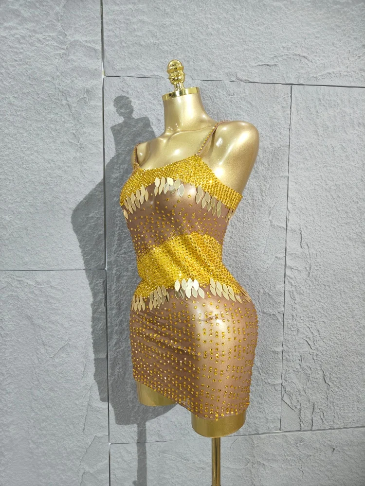 New Luxury Party Dress Flashing Rhinestones Transparent Women Sexy Mesh Sequins Birthday Celebrate Cocktail Dresses Vestidos