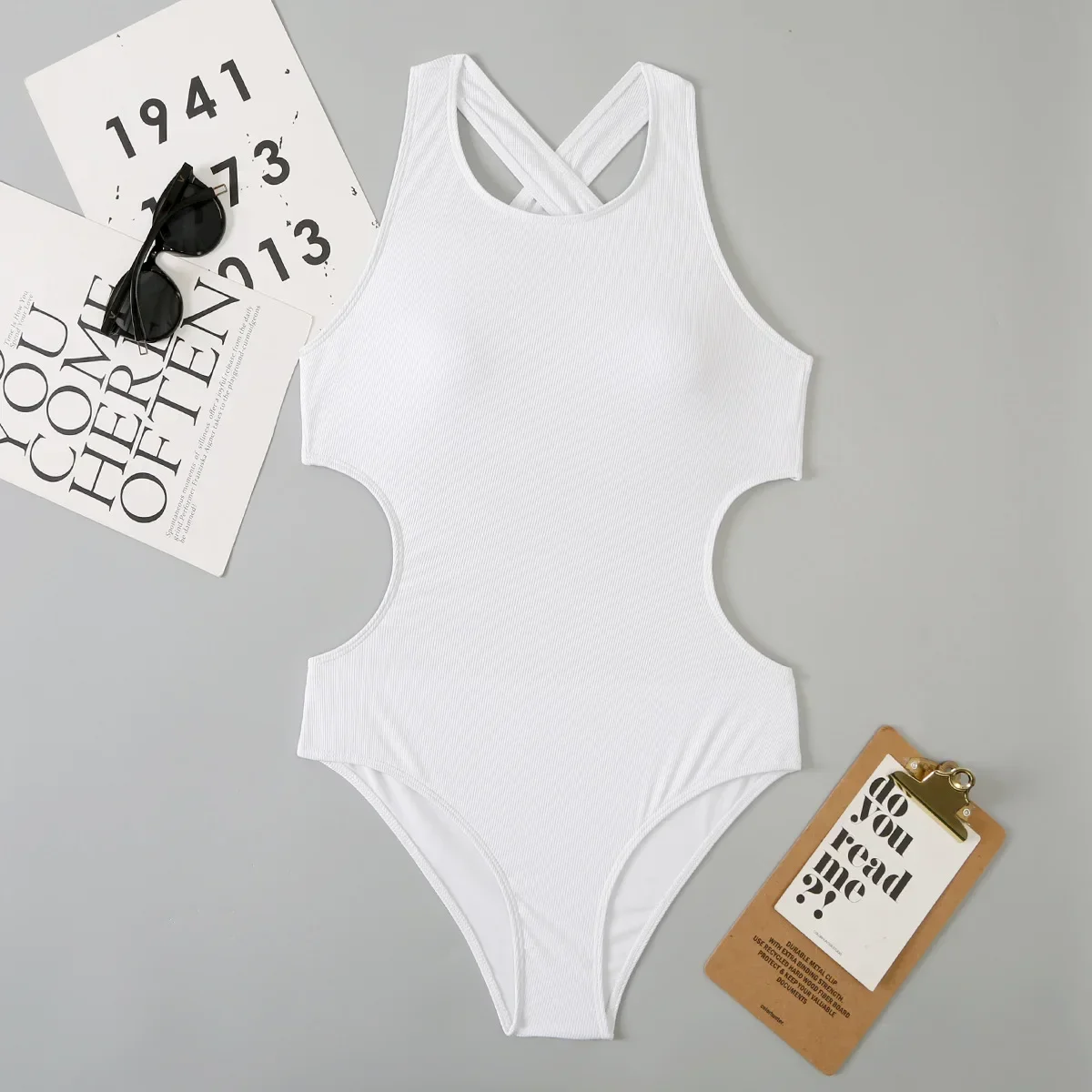 Areathable Ribbed One Piece Women Swimsuits Sexy Cut Out Swimwear High Neck Bodysuit Solid Beachwear Cross Back