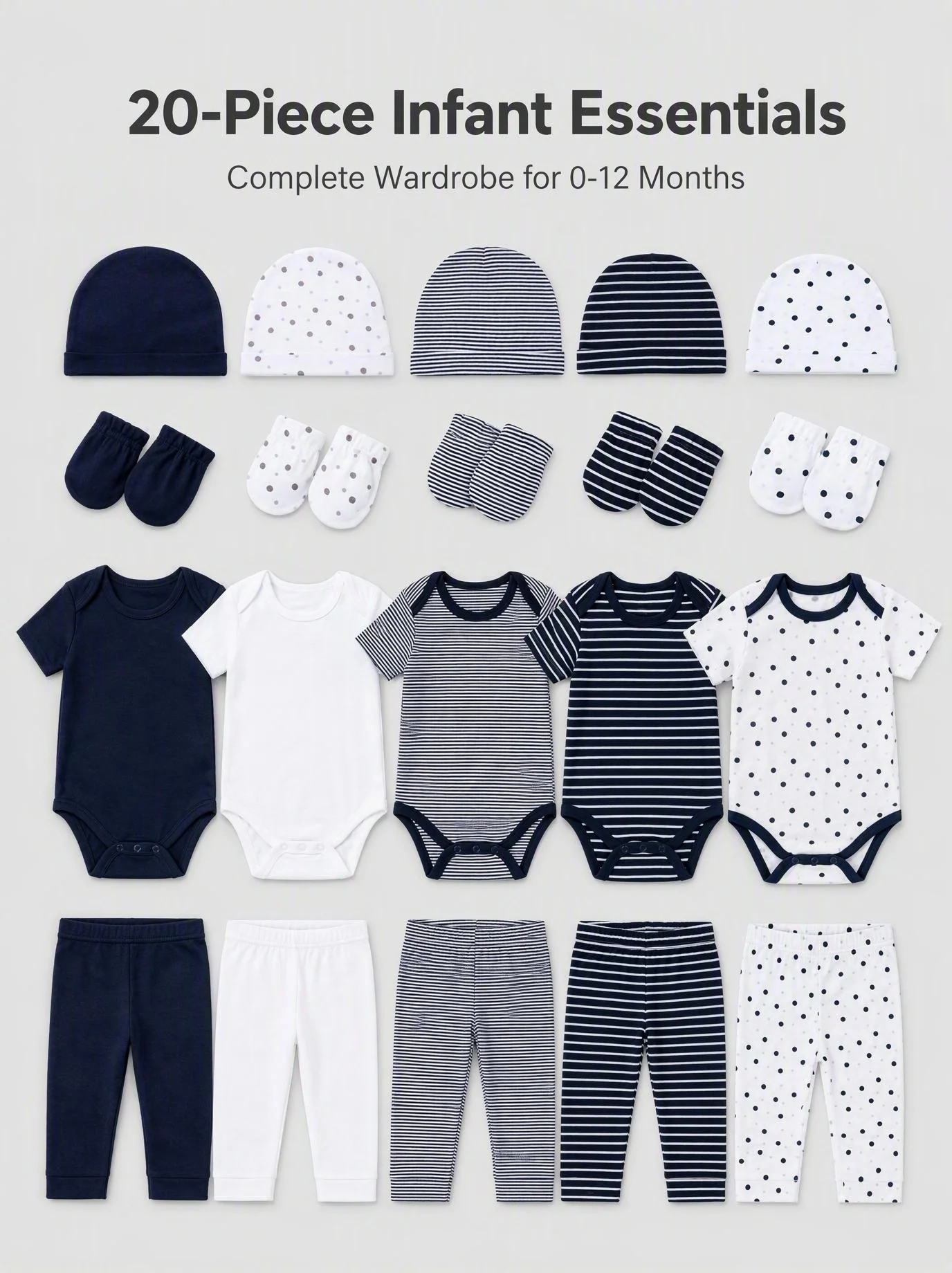 JY.COZY 20-Pack Unisex Newborn Layette Essentials Giftset Infant Bodysuit and Pants Set Soft Breathable Cotton No Zipper Snap Closure Machine Washable Baby Clothes for Home Sleep Outing Pink Grey Heart Cloud Stripe Polka Dot Weather Print