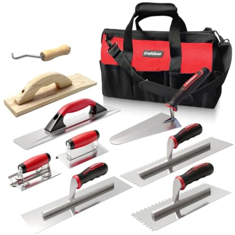 

9 Pcs Masonry Hand Tool Set Concrete Trowel with Wood Float Edger Groover Wire Twister in Tools Bag for Concrete Finishing and