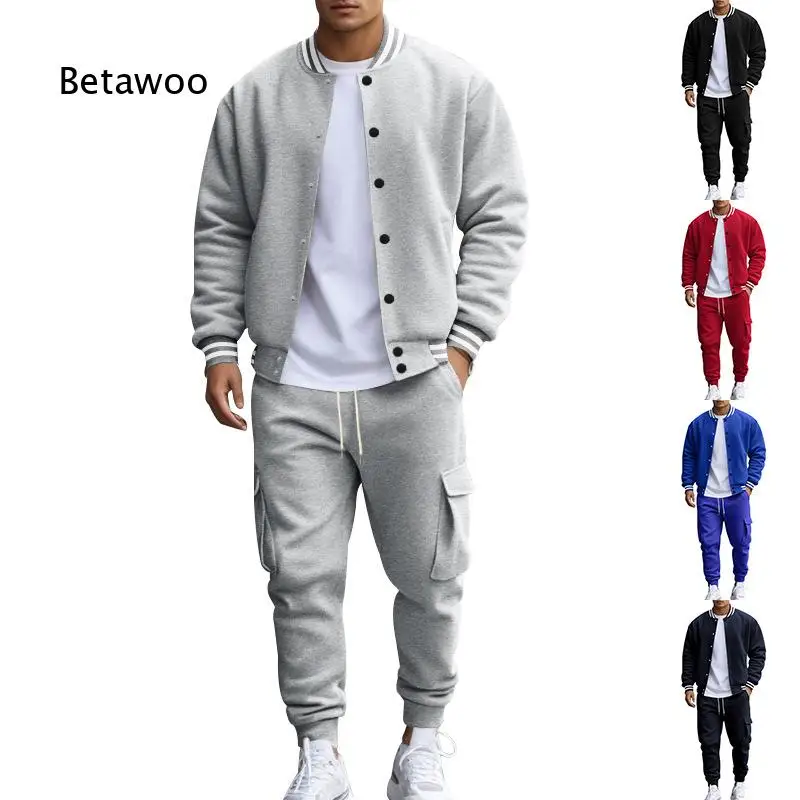 Men Stand Collar Baseball Jacket Pants Set Fleece Lined Loose Fit Sports Outfit for Spring Autumn Street Daily Wear