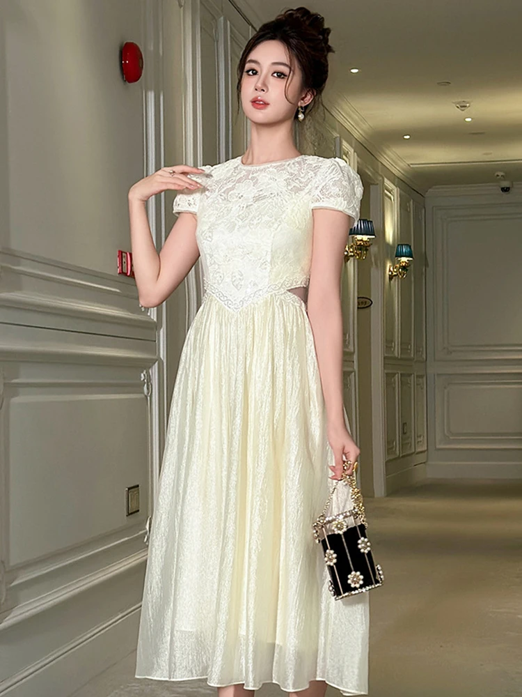 Robe de rencontre élégante de célébrité pour femmes, exquise, dentelle transparente, épissure, taille ajourée, Robe trapèze, charme féminin, fête