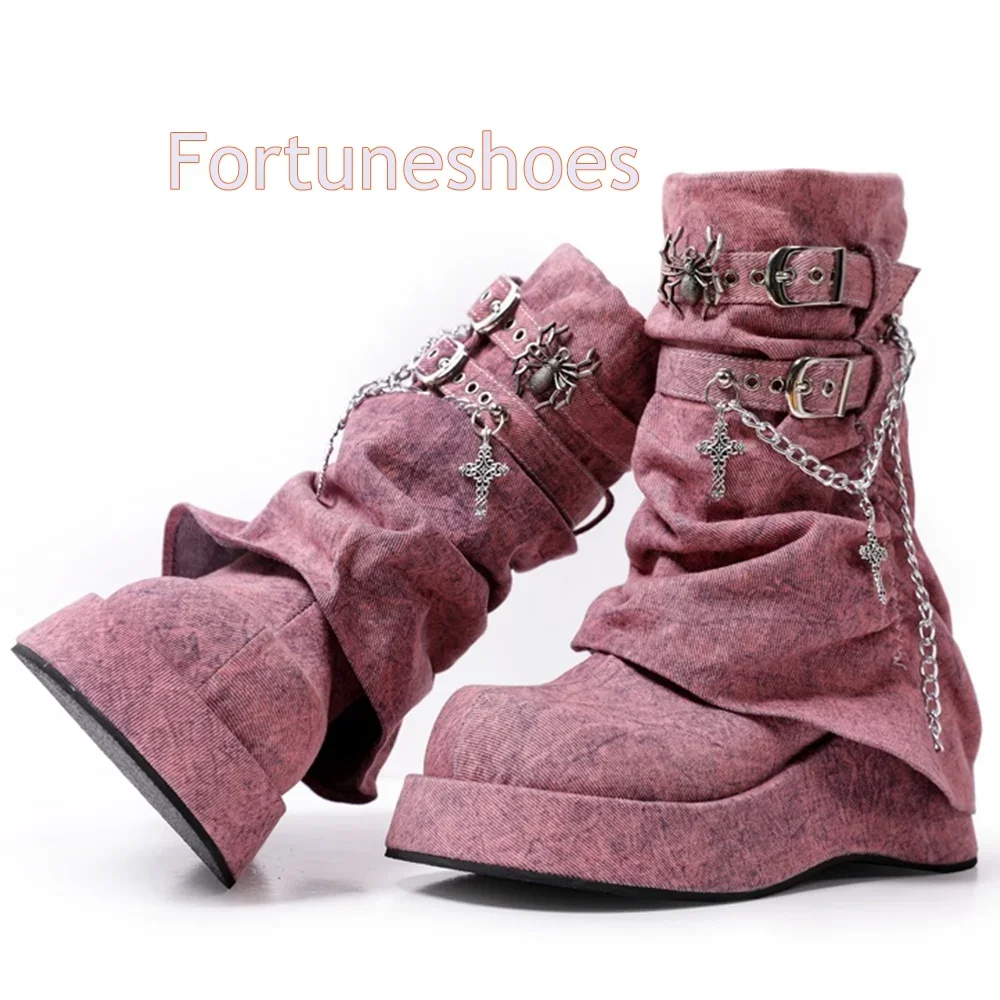 

Pink Chain Round Toe Mid Calf Boots Belt Buckle Slip On Plead Wedges High Heel Boots 2025 New Arrivals Fashion Casual Boots