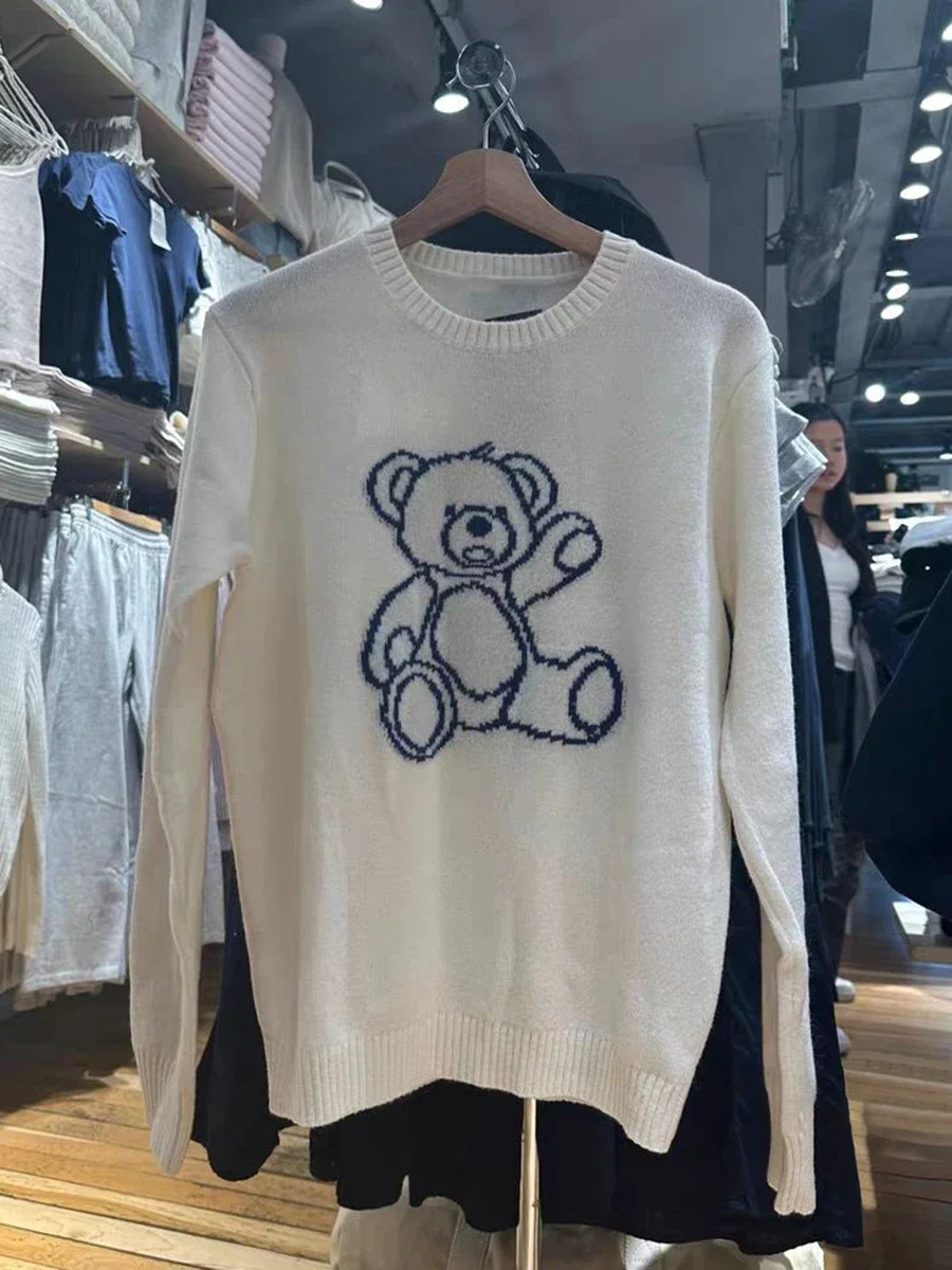 Adorable Bear-Embroidered Knit Sweaters for Women Spring O-neck Long Sleeve Cotton Vintage Sweet Preppy Pull-On Sweater Y2k Tops