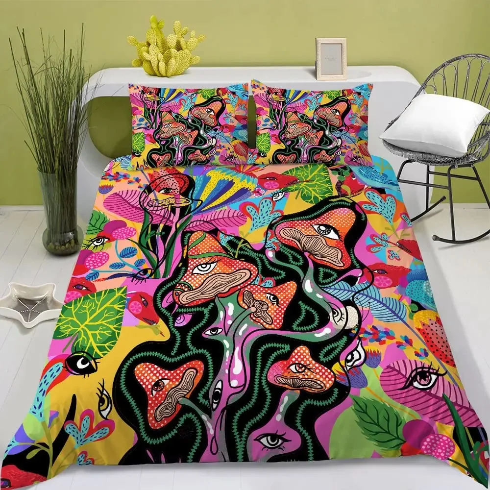 

Colorful Mushrooms Abstract Eyes Duvet Cover Set Queen Size Mandala Trippy Plants Bedding Set Ornate Doodles Comforter Cover Set