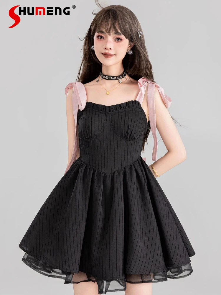 

Japanese HotSweet Girl Black Mesh Stitching Lace-up Pink Bow Sleeveless Sexy Backless High Waist A-Line Short Dress Women Summer