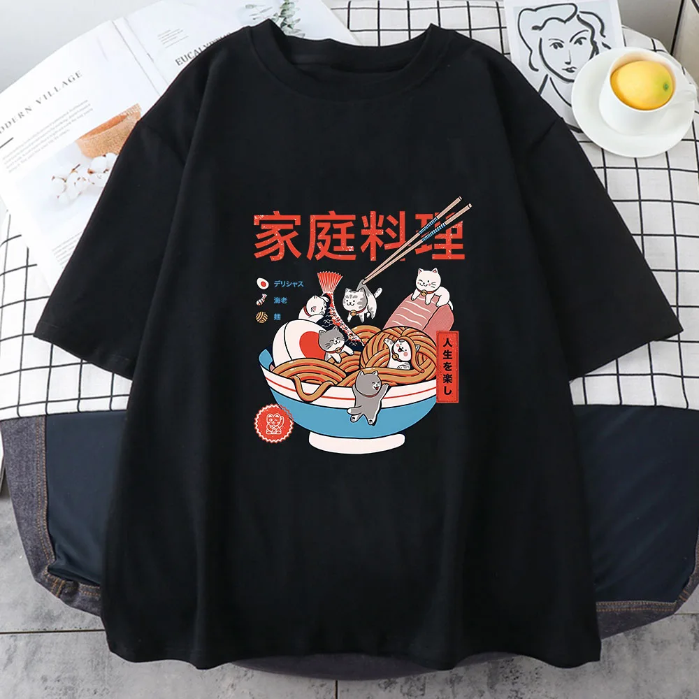 Ramen Cats Women Japanese Anime Characters T-shirts 100% Cotton Casual T Shirts Summer Harajuku Kawaii Clothing Slight Strech