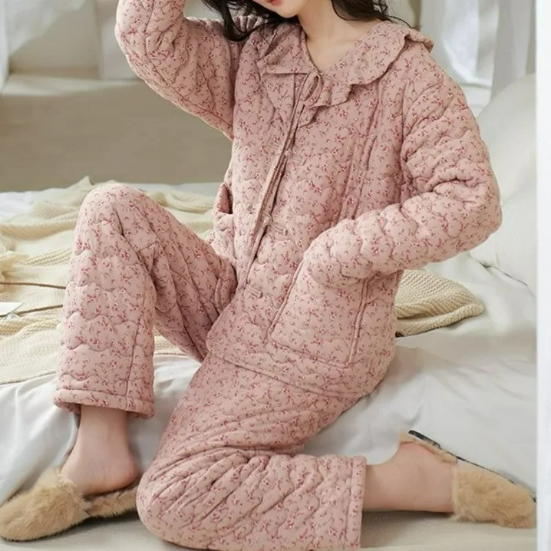 Vrouwen Nieuwe Puur Katoenen Pyjama Winter Drie-Laags Verdikte Katoenen Jas Bloemenmode Casual Huiskleding Comfortabele Set