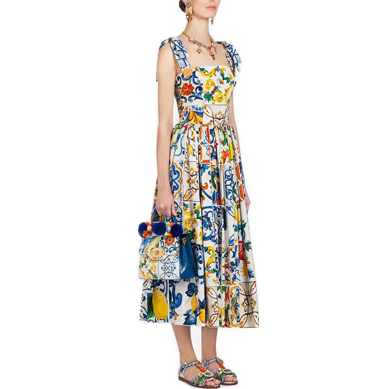 Runway Flower sexy Dress Summer 2023 Women\'s Bow Spaghetti Strap Sundress Blue And White Porcelain Floral Long Dress