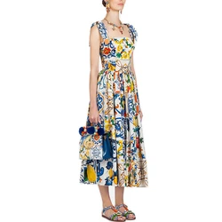 Runway Flower sexy Dress Summer 2023 Women's Bow Spaghetti Strap Sundress Blue And White Porcelain Floral Long Dress