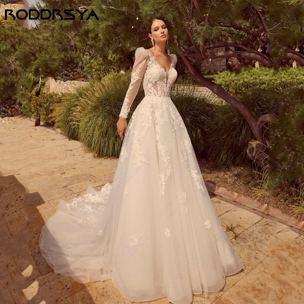 

RODDRSYA Backless V-Neck Lace Wedding Dress A-Line Long Sleeves Tulle Bridal Gown Applique Elegant Button Vestidos De Novia 2024