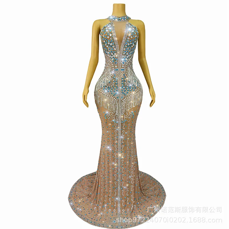 Heavy Industry Luxury Tassel Blue Enchantress Celebrity Birthday Light Luxury Dress Company Annual Meeting Elegant Evening Dress