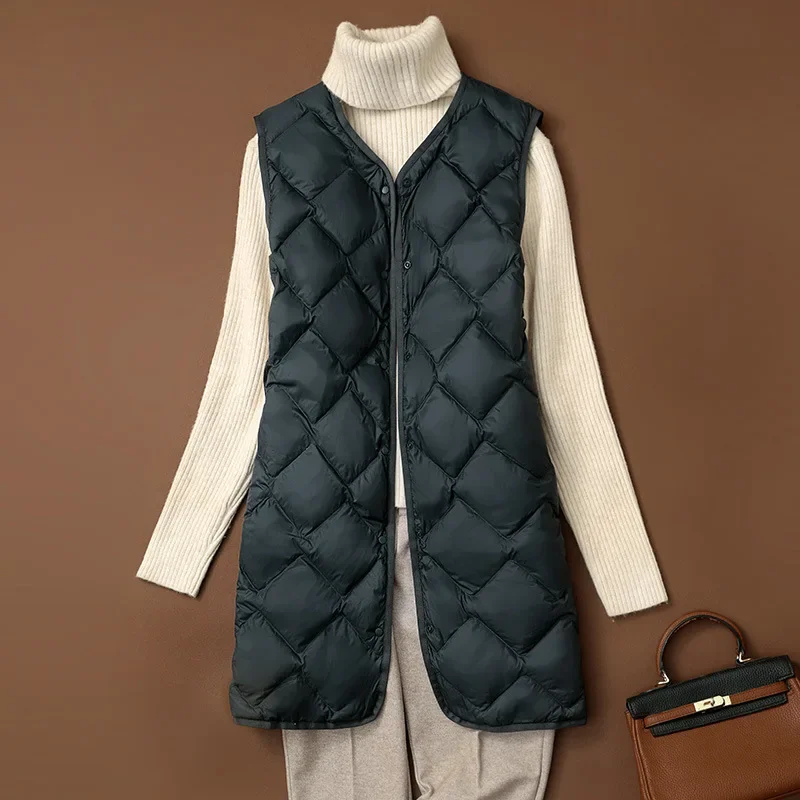 2023 New Arrivals Female Korean V-neck Casual Vest Coat Autumn Winter Women X-Long  White Duck Down Warm Sleeveless Jackets