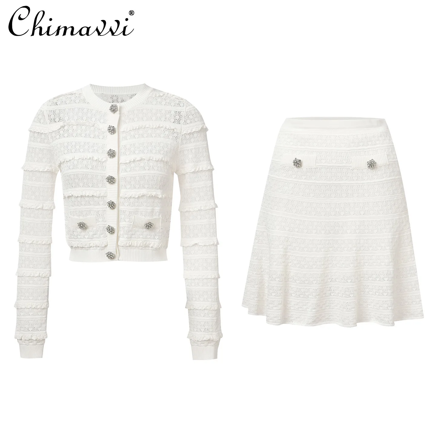 

2026 Spring New Heavy Beading Round Neck Long Sleeves Short Knitting Cardigan Skirt Elegant Women's Knitting Two-piece Set