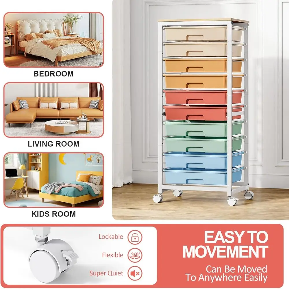10-Drawer Mobile Storage Cart with Wooden Top for Classroom and Craft Organization