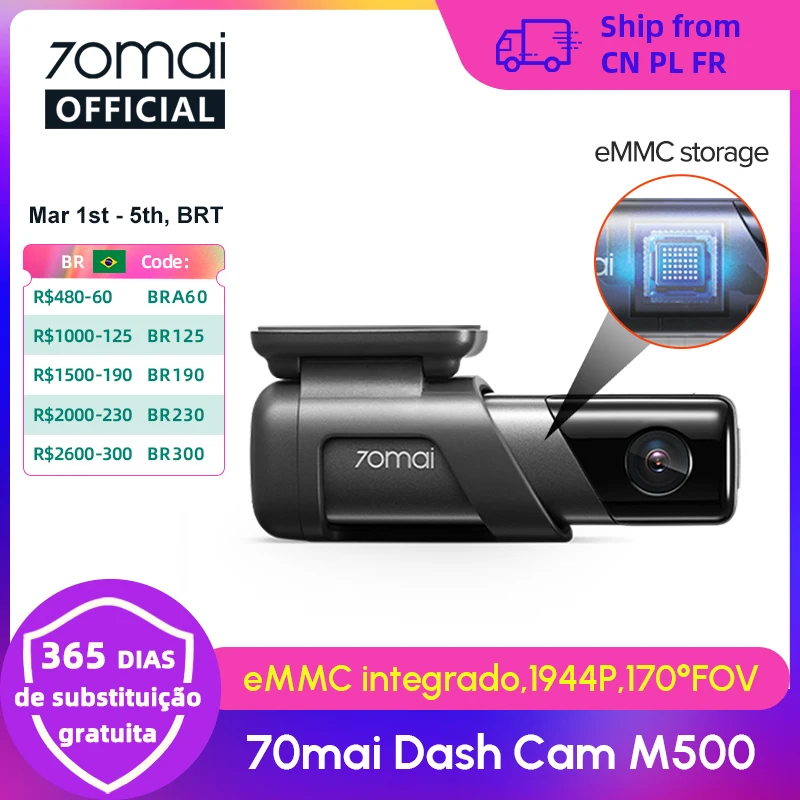 70mai Dash Cam M500 1944P 170FOV 70mai Carro DVR Câmera Gravador GPS embutido ADAS 24H Monitor de estacionamento eMMC Armazenamento embutido