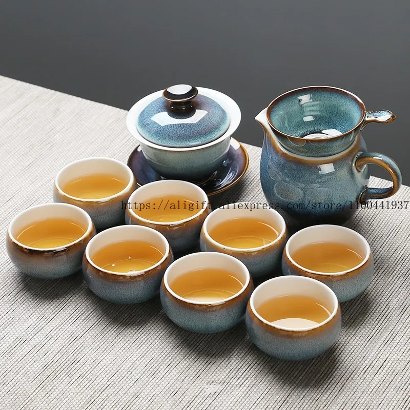 

Ceramic Tea Set Kiln-Transformed Silver Thread Glaze Tea Brewing Bowl Covered Bowl Gift Box