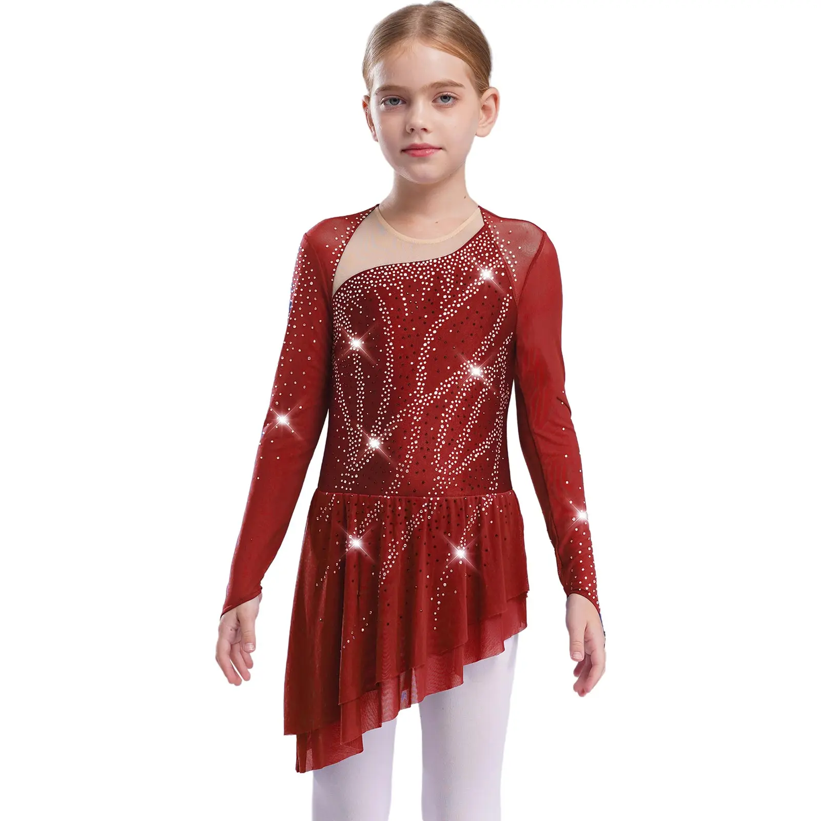 Mädchen Gymnastik Eiskunstlauf Modernes Ballett-Trikot Lyrisches Tanzkostüm Transparentes Netz Glitzernde Strass-Leotards Kleid – Detail 24