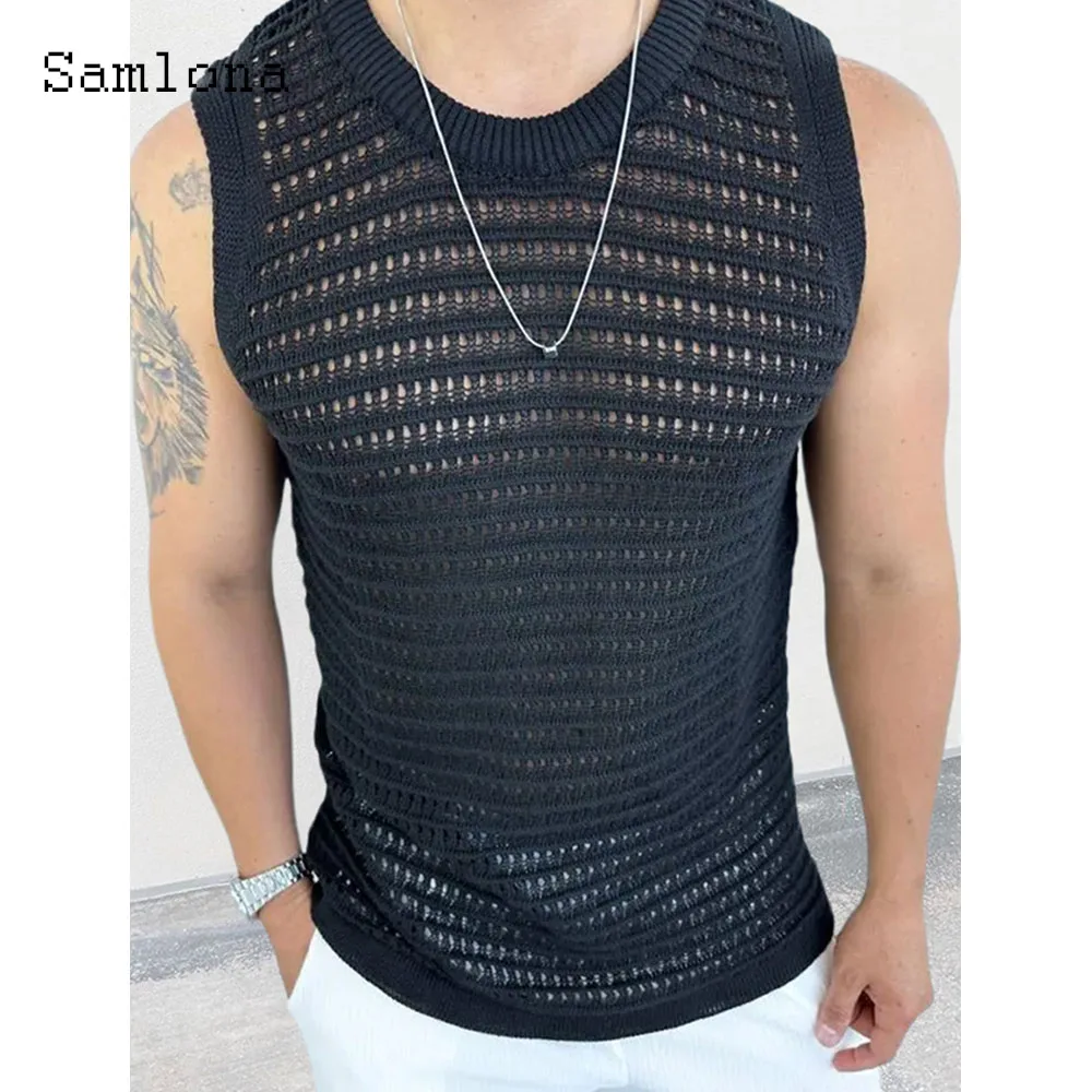 Plus Size Men Casual Knitted Tank Tops Mens Streetwear 2023 Sexy Hollow Out Vest Men's Sleeveless Ripped Beach Tracksuits Shirts