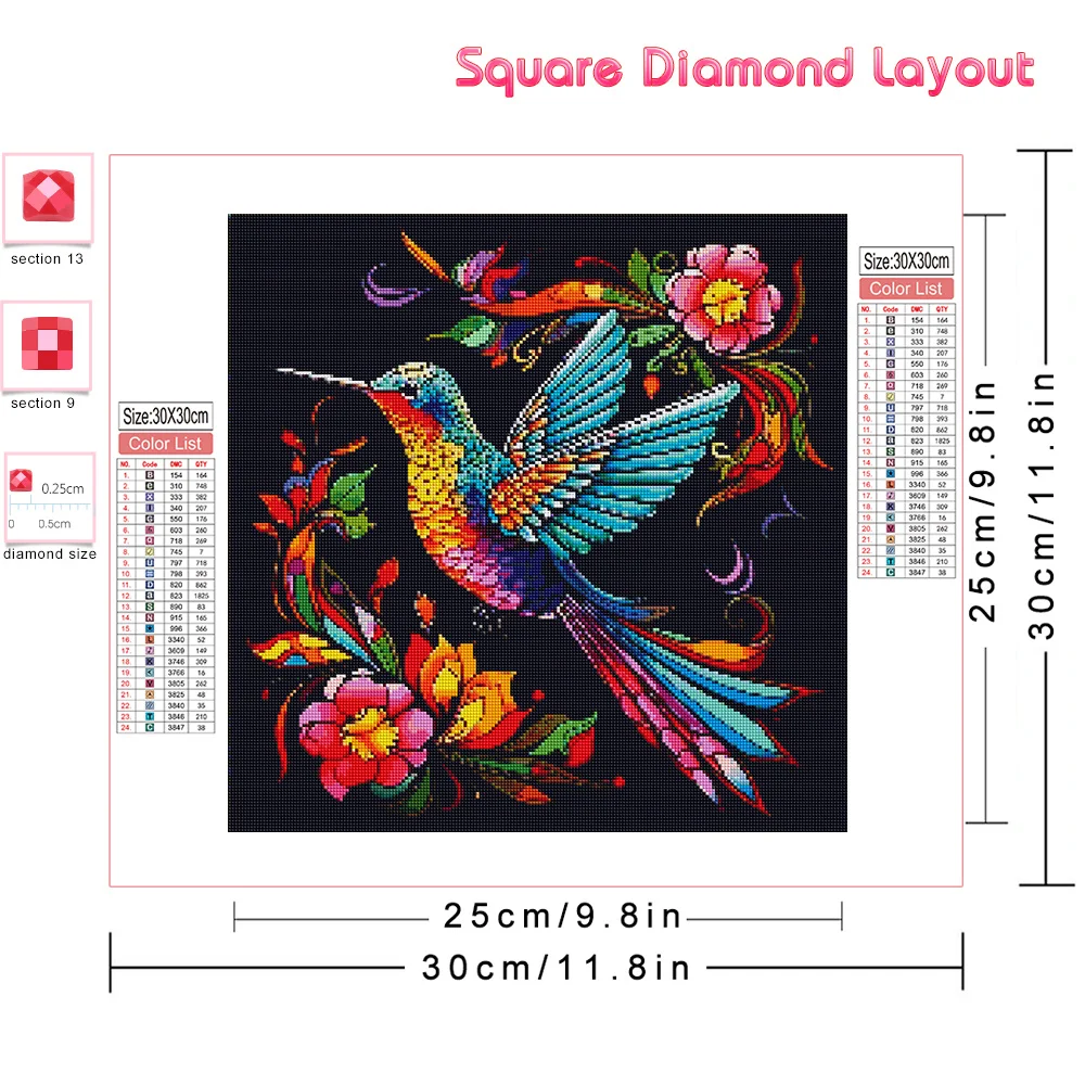 Huacan Diy Diamond Painting Animal Hummingbird Full Diamond Mosaic Flower Art Home Decoration Craft Kit