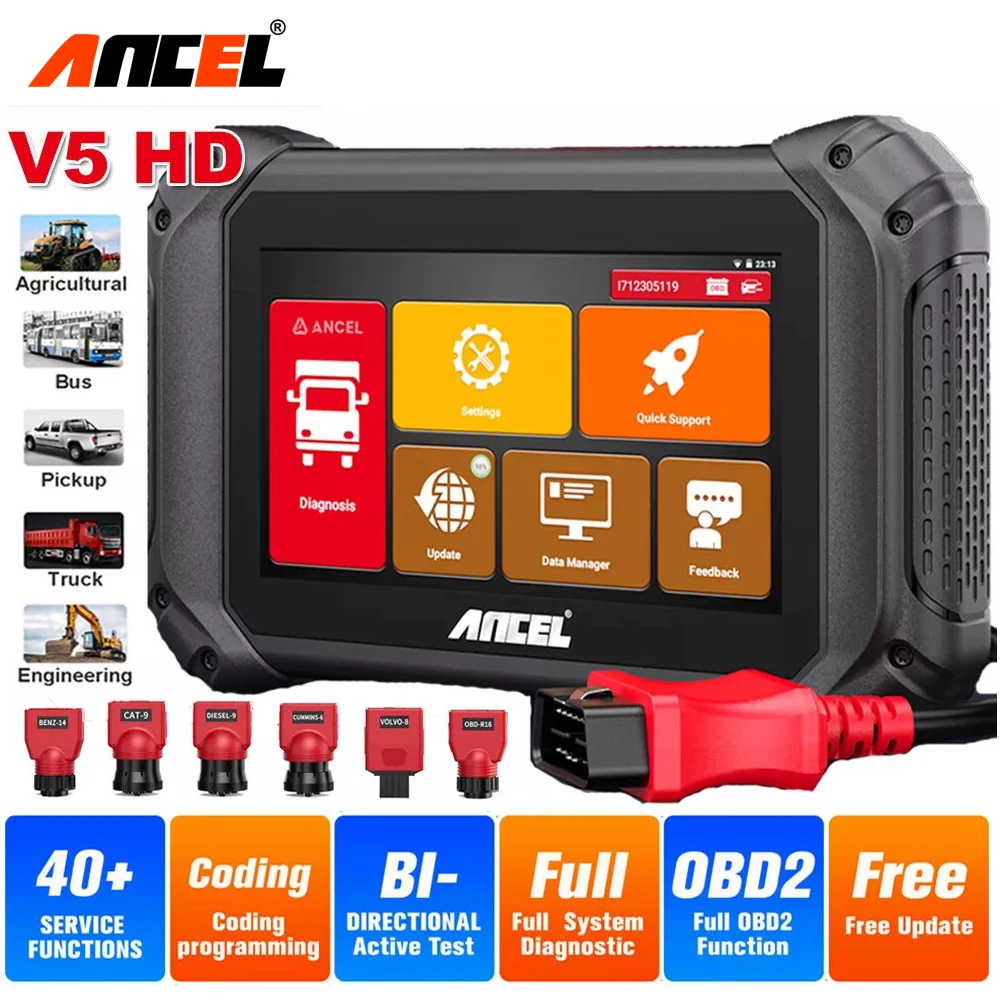 

ANCEL V5 HD Heavy Duty Truck Scanner Semi Truck Bluetooth Diesel OBD2 Diagnostic Oil D-P-F Regen ECU Reset for Cummins/Detroit