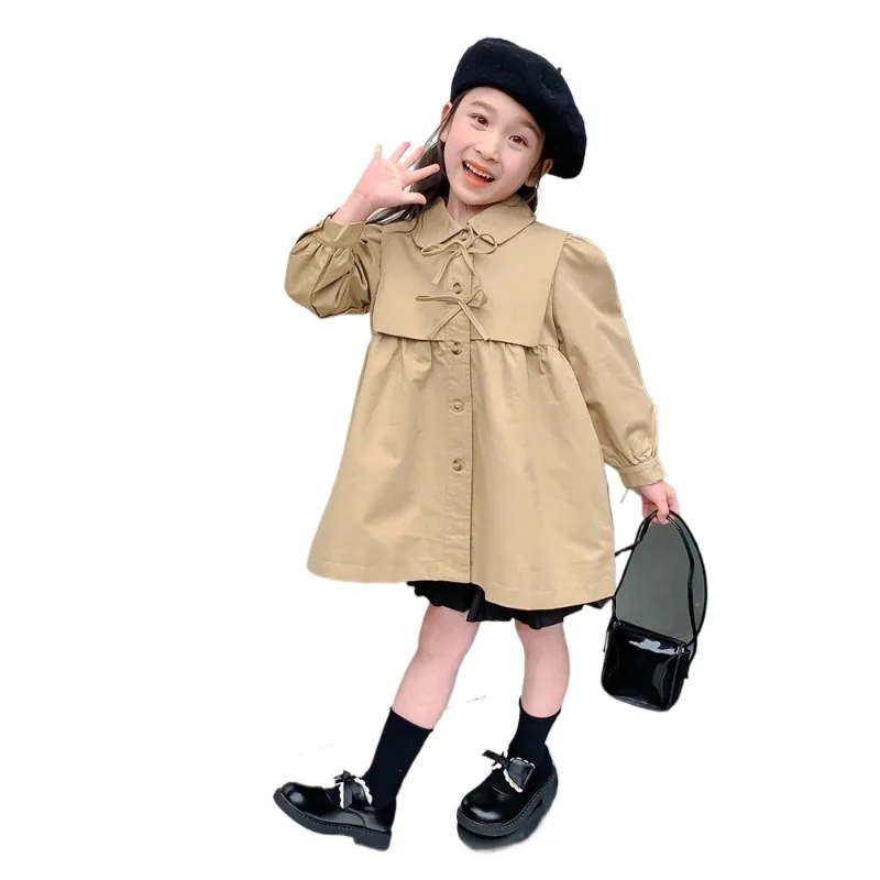 Girls Trench Coat Children Spring Autumn New Jackets Princess Turn-down Collar Khaki Outerwear 2025 Kids Fashion Loose Clothing