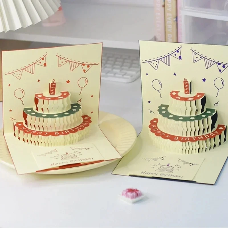3D Musical Birthday Cake Card LED Light Pop-Up Greeting Cards with Envelope for All Occasion Girl Kid Wife Postcards