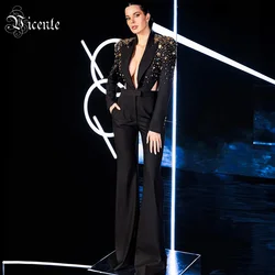 VC Sexy Deep V Plunge Cut Out Jumpsuit Glitter Diamonds Beading Flare Pants Slim Backless Female Jumpsuit Party Club Clothing