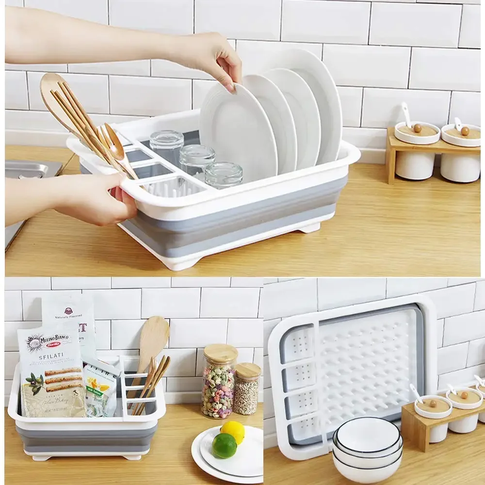Foldable PP+TPR Collapsible Kitchen Plate Dish Cup Rack Storage Utensil Holder Drainer Organizer