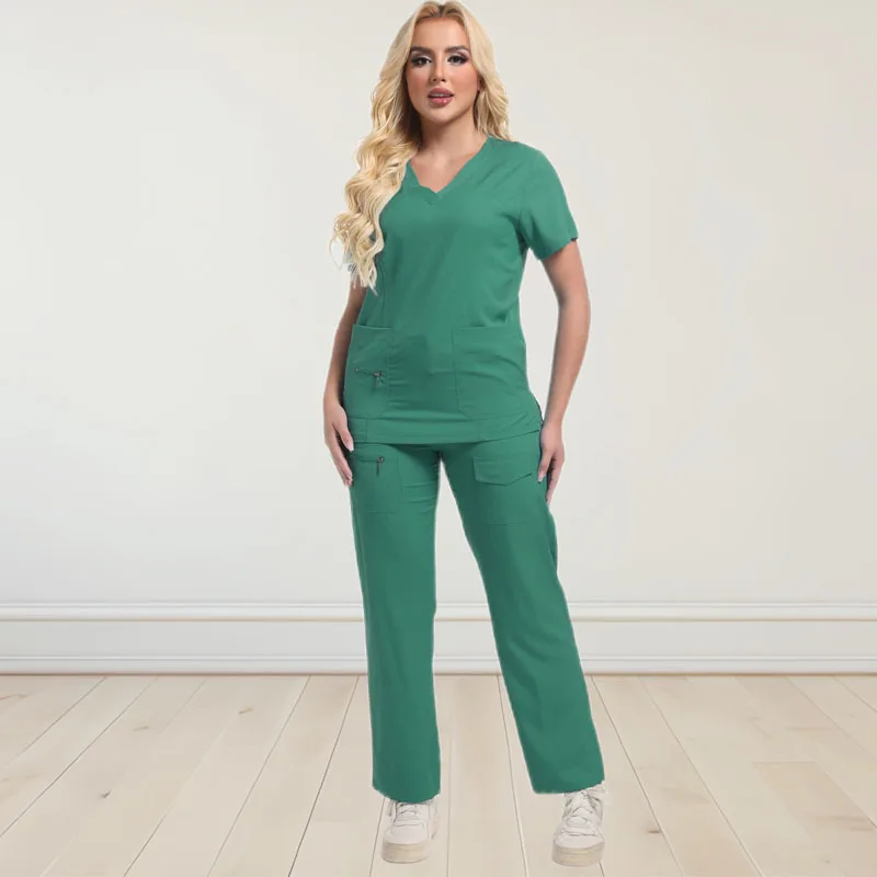 Black Workwear Surgical Uniforms Jogger Suit Nurse Scrubs Set Medical Clinical Clothes Doctor Nursing Uniforms Pockets Top Pants