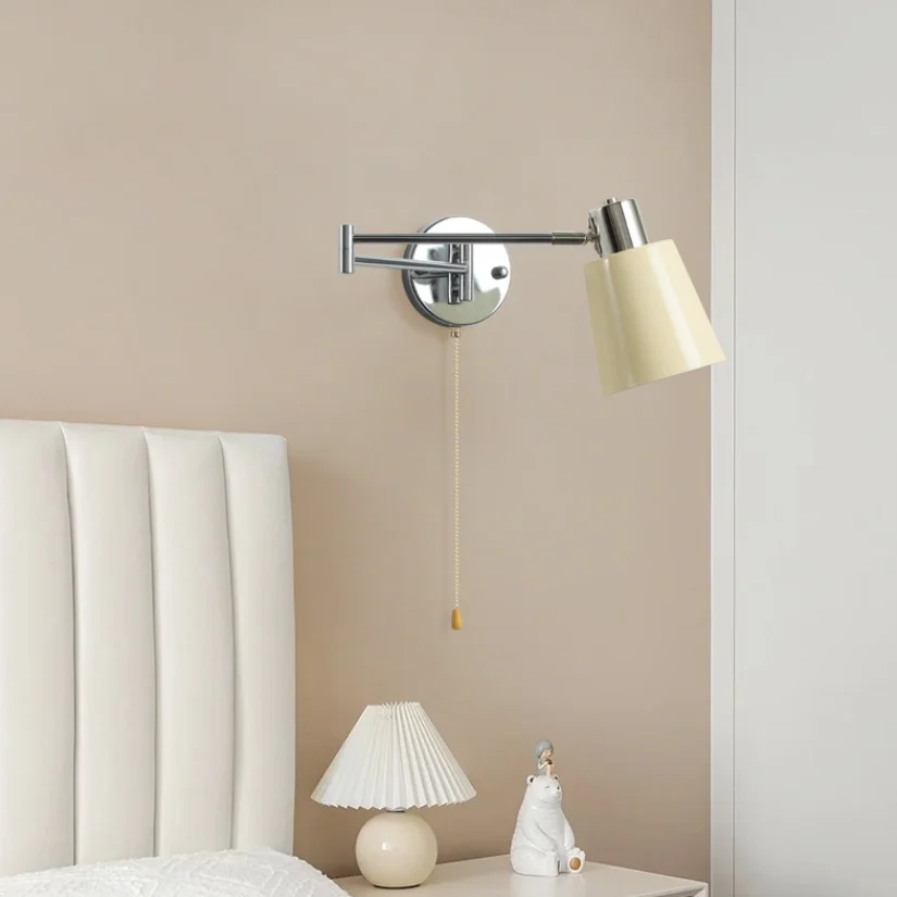 Hotel Swing Reading Wall Lamp Chrome Color Iron Lampshade Fabric Shade Wall Lustre E27 Rotatable Bedroom Decoration Sconce Light - view 2
