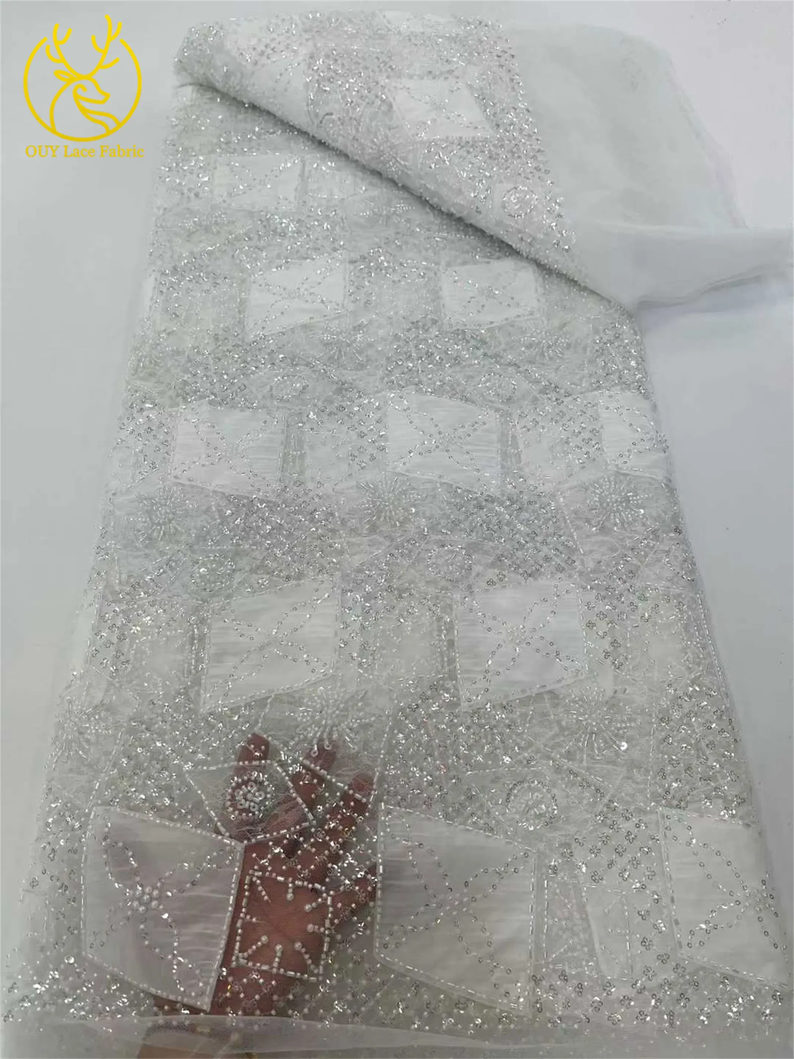 2025 Tessuto di pizzo con perline nigeriane 2025 Tessuto di pizzo africano francese con paillettes di alta qualità Abito da sposa per cena Materiale da 5 metri