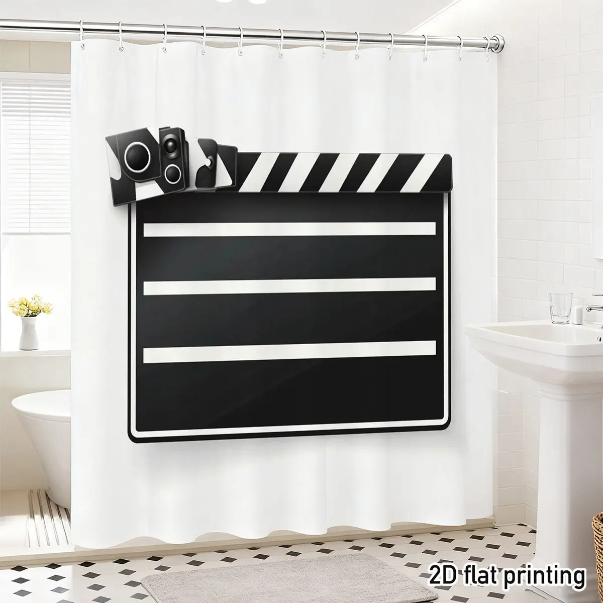 

Film Clapperboard Shower Curtain Black White Stripes Movie Slate Design Minimalist Cinema Theme Bathroom Decor