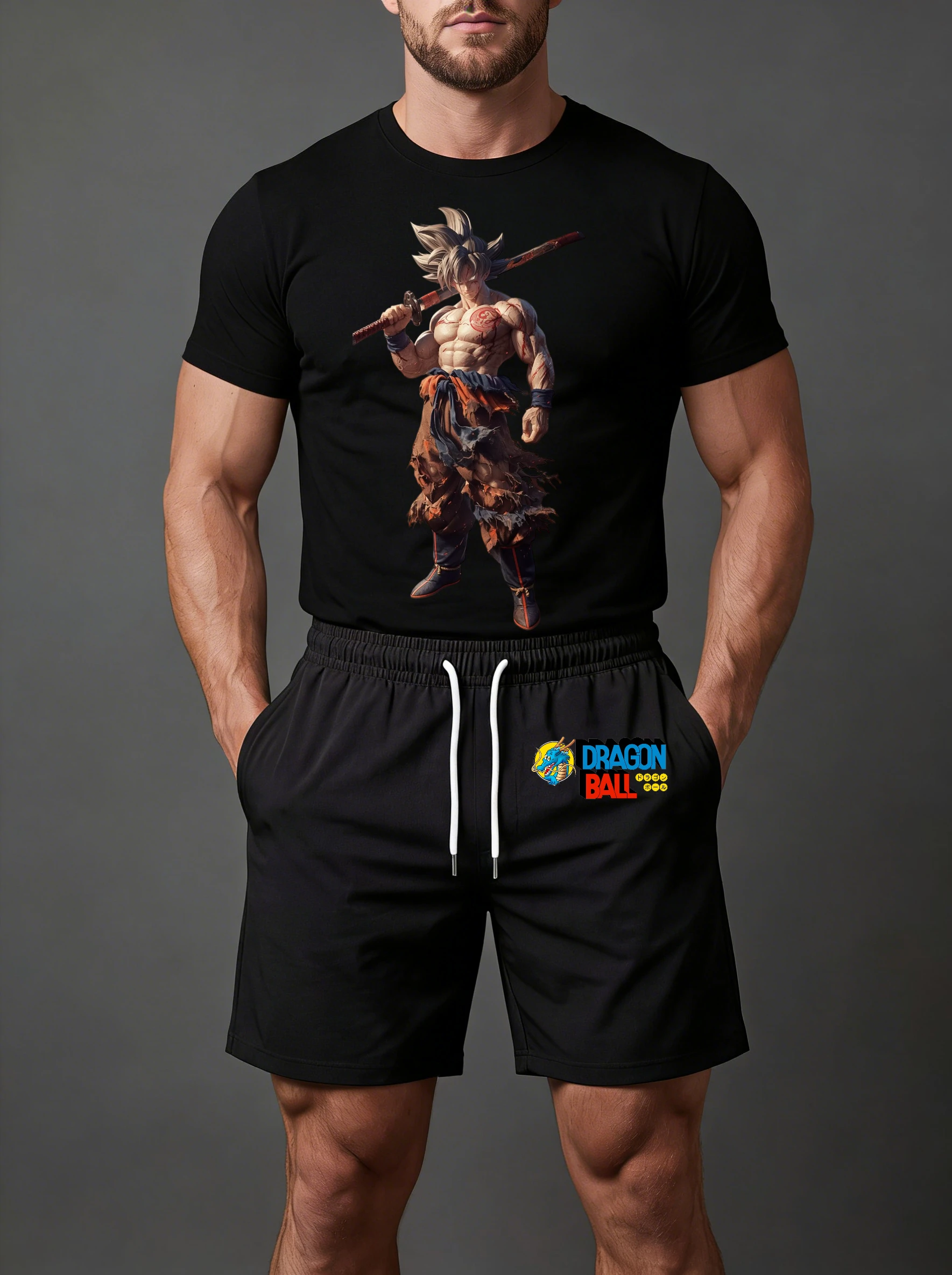

2026 Summer Men's T - Shirt Shorts Set Dragon Ball Super Saiyan Son Goku White Hair Sword on Back Dragon Ball Logo Printed