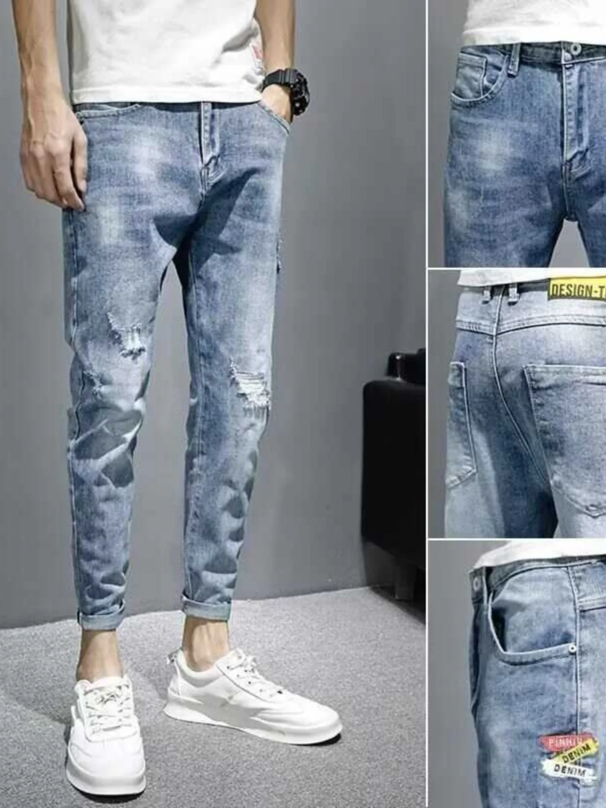 

Весенне-осенние тонкие светлые рваные джинсы мужские, модные, новинка 2024 года, укороченные, облегающие, повседневные брюки, эластичные джинсы
