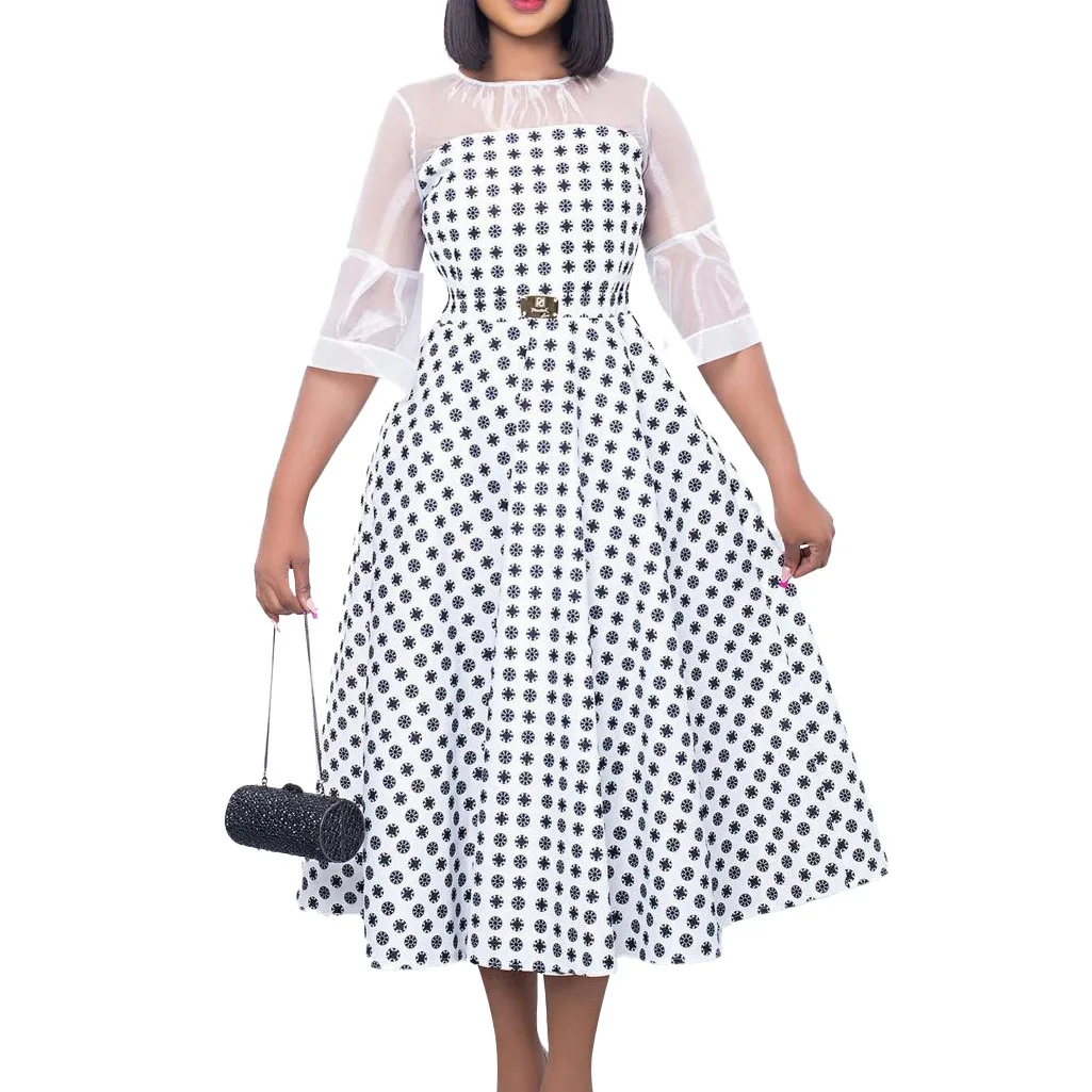 

Summer 2022 Fashion Style African Women Half Sleeve White Black Round Neck Printing Knee-length Dress African Dresses for Women