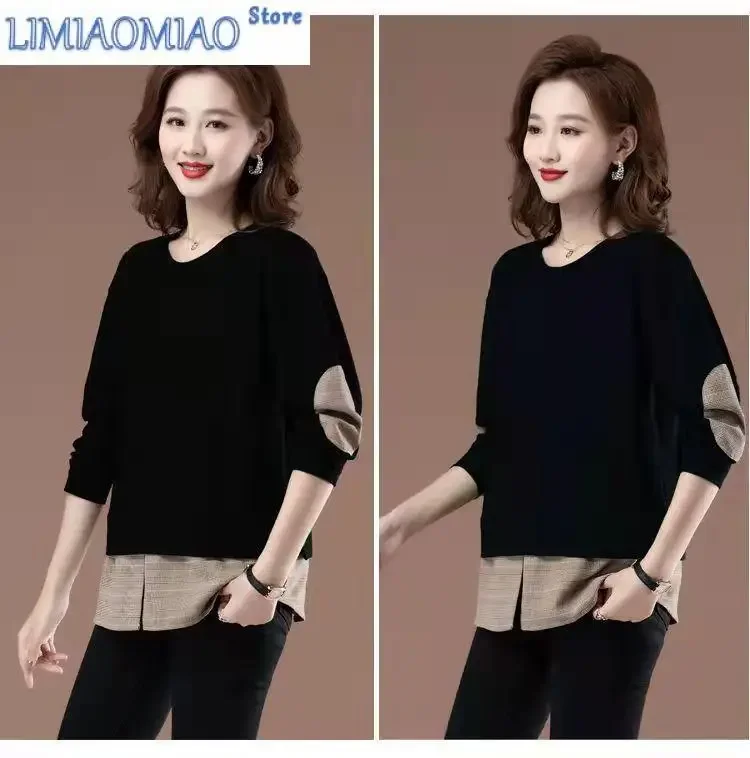 Color Matching Sweatshirts Women Long Sleeve Autumn New Loose Patchwork O-collar Office All-match Lady Casual Fashion Top