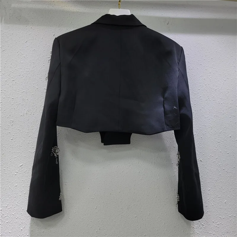 Whth nova moda feminina emendado diamantes pérola fino blazer 2025 primavera turn-down colarinho mangas compridas jaqueta feminina 1ls7100