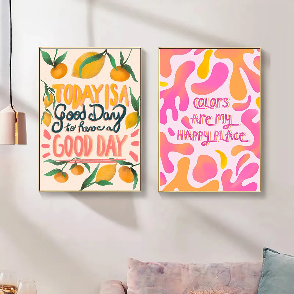 Art Colors Lemon Pink Roller Skates Poster Painting Smiley Cats Rainbow Quote Modern Canvas Print Wall Living Room Home Decor