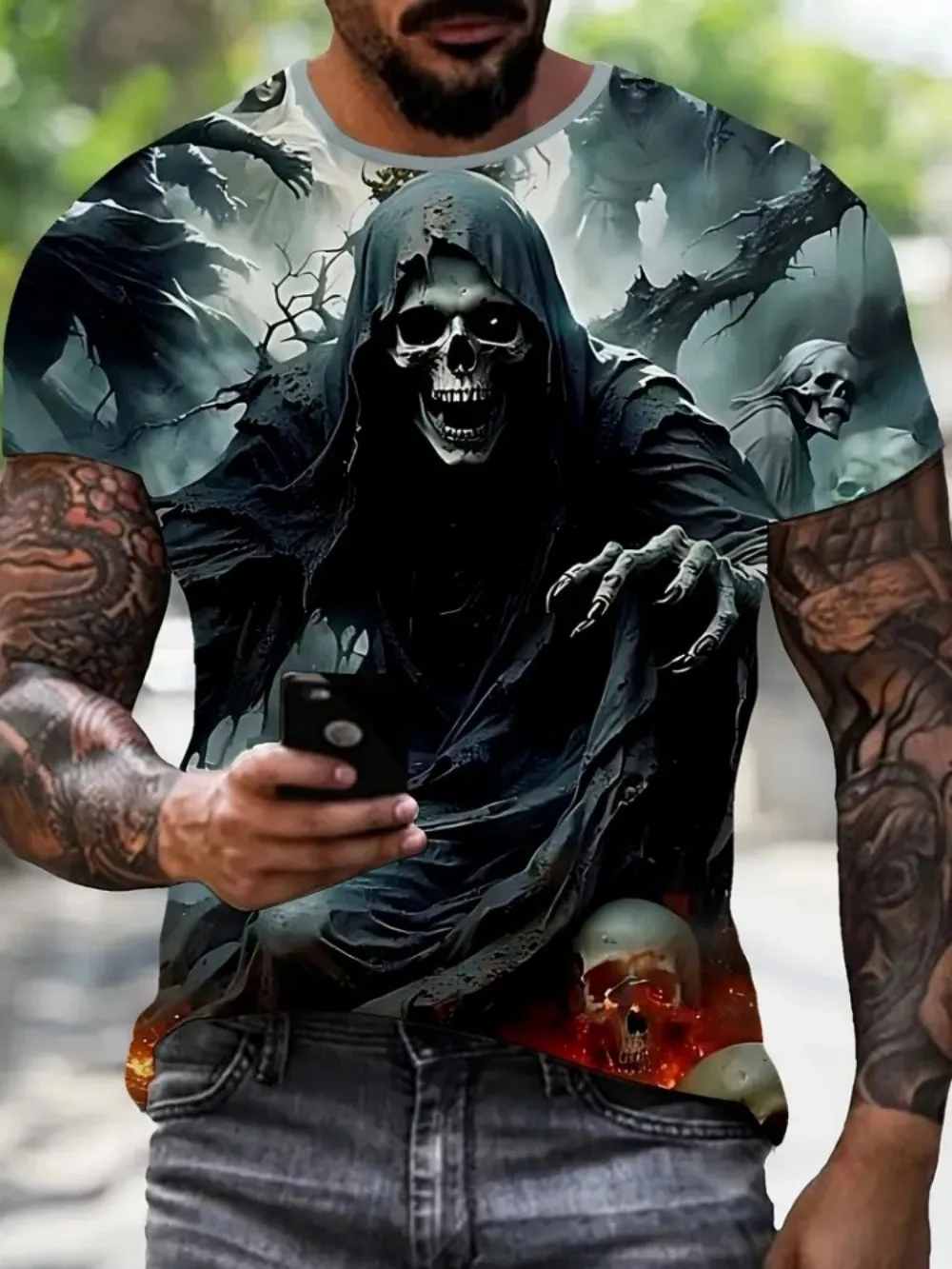 Fashionable New Summer Men's Personalized Skull Print Comfortable and Breathable Round Neck T-Shirt Outdoor Party Top
