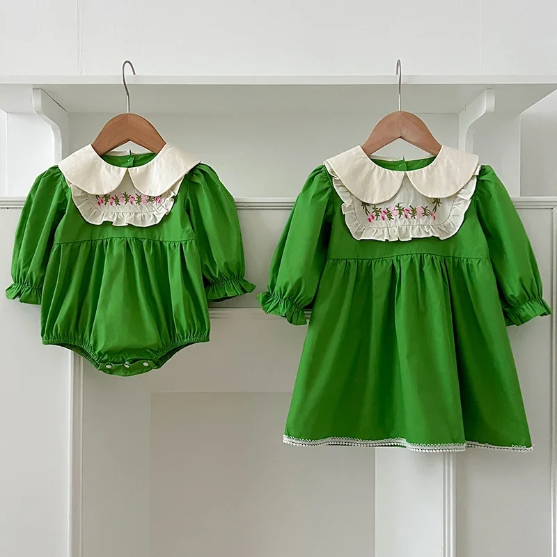 Baby Girl Clothes Sister Clothes Autumn Green Princess Dress Embroider Collar Girl One Piece Clothes Spring Sister Flower Dress