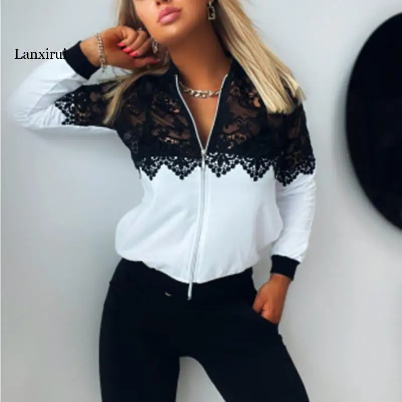 

2022 African Women's White Stitching Black Lace Loose Zip Cardigan Top Long Sleeve Top