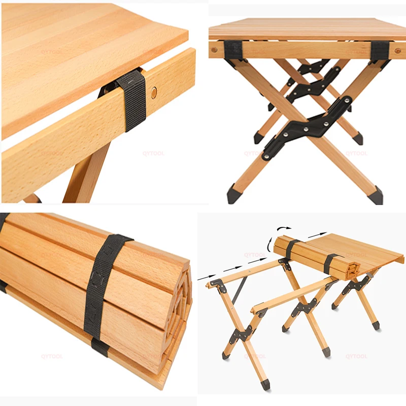 Wooden Roll Up Camping Table Beech Folding Wood Picnic Table Foldable Portable Outdoor Indoor All-Purpose Egg Roll BBQ 120cm