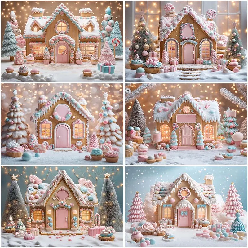 LS Christmas Gingerbread House Backdrop Photography Cookie Xmas Tree Present Snowy Forest Background Winter Studio Photo